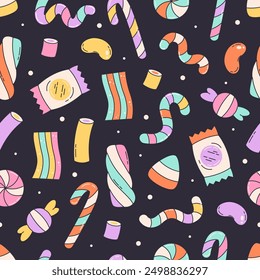 Seamless pattern with colorful candies. Halloween sweets seamless pattern. Vector illustration in flat style