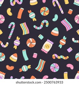 Seamless pattern with colorful candies. Halloween sweets seamless pattern. Print for banners, wallpapers, textiles, wrapping paper. Vector illustration in flat style