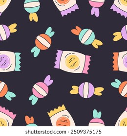 Padrão perfeito com doces coloridos. Doces de Halloween. Textura para bandeiras, papéis de parede, têxteis, papel de embrulho. Ilustração vetorial em estilo plano