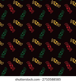 Padrão contínuo com doces coloridos em estilo linear em fundo preto. Fundo festivo vetor feriado. 