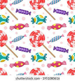 Seamless pattern with colorful candies and lollipops. Cute sweet background, design element for packaging, paper and wallpaper. Vector illustration.