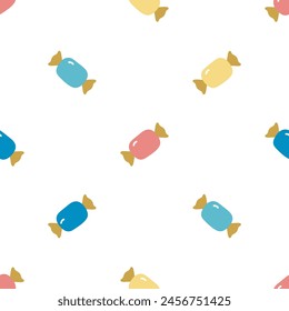 Seamless pattern with colorful candies. Vector illustration in cartoon style. For card, posters, banners, printing on the pack, printing on clothes, fabric, wallpaper.