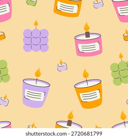 Seamless pattern with colorful candles and bubble wax shapes on yellow background. Vector illustration