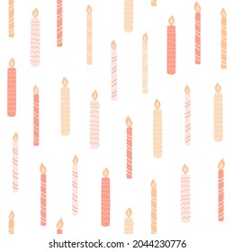 Seamless pattern with colorful candles with lines. Cute birthday illustration for packaging, textiles, festive tableware, celebration wallpaper. Vector background.