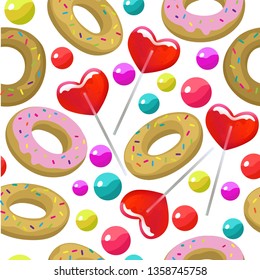 Seamless pattern with colorful candy lolipops and donuts