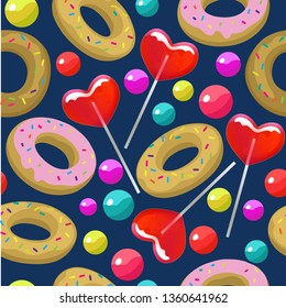Seamless pattern with colorful candy lolipops and donuts