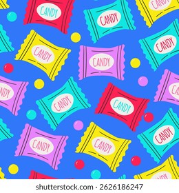 Seamless pattern with colorful candy wrappers and gum balls in 90s retro style. Fun and playful background for sweets lovers, kids, packaging, or textile design.