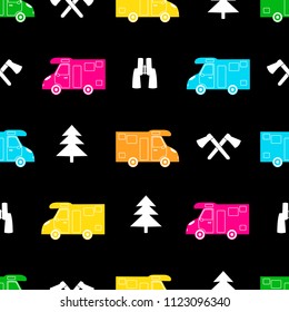 Seamless pattern with colorful car, ax ,fir-tree and binoculars on the black background. Vector illustration