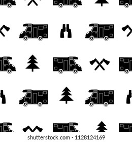Seamless pattern with colorful car, ax ,fir-tree and binoculars on the white background. Vector illustration