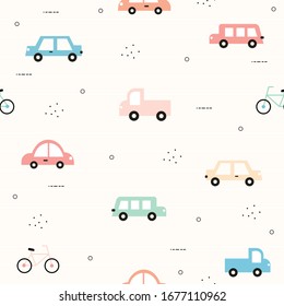 Seamless pattern Colorful car background with bicycles and with notebook lines Cute patterns for children. Design ideas used for printing. Gift wrap, children's clothing, textile, vector illustration