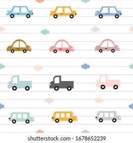 Seamless pattern Colorful car background with clouds And has a cute pattern notebook line for children Vector illustration Design ideas used for printing, gift wrap, textiles, children's clothing