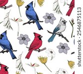 Seamless Pattern of Colorful Cardinals on White Background. Red, Blue, and White Cardinals with Leaves Pattern