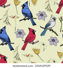 Seamless Pattern of Colorful Cardinals on White Background. Red, Blue, and White Cardinals with Leaves Pattern