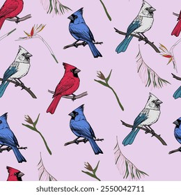 Seamless Pattern of Colorful Cardinals on White Background. Red, Blue, and White Cardinals with Leaves Pattern