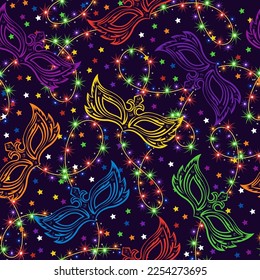 Seamless pattern with colorful carnival masks, sparkle lights garland, confetti on dark background. Detailed vintage illustration for prints, apparel, clothing, surface design. CMYK adapted