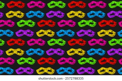 Seamless pattern with colorful carnival masks in polygonal triangles Low Poly style, modern paper crafts colored, vector illustration isolated on black background 