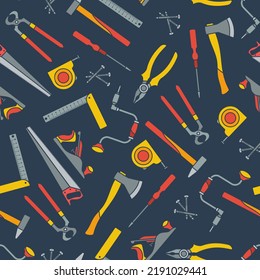 Seamless pattern of colorful carpentry tools on blue background. Vector illustration in flat style