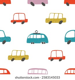 Seamless pattern with colorful cars and buses, creating a playful and energetic design suitable for children s products, fabrics, or decorative projects