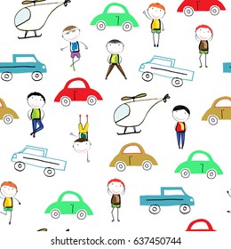 Seamless pattern with colorful cars and helicopters