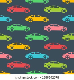 Seamless pattern with colorful cars on dark background. Vector illustration.