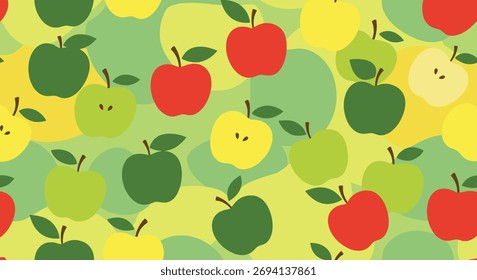 Seamless pattern of colorful cartoon apples in various shades of green, yellow, and red with soft background shapes.