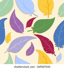 seamless pattern of colorful cartoon bird and feathers