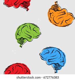 Seamless pattern with colorful cartoon brains and light drops. Vector illustration