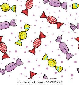 Seamless pattern with colorful cartoon candies. Vector sweets background. 