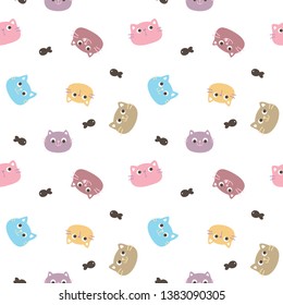 Seamless Pattern of Colorful Cartoon Cat Face Design on White Background