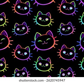 Seamless pattern of colorful cartoon cat heads on a black background