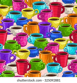 Seamless pattern with colorful cartoon coffee cups, vector texture