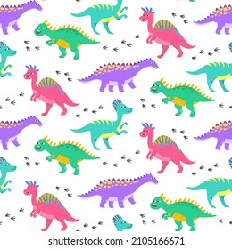 Seamless pattern with colorful cartoon dinosaurs. Vector illustration.