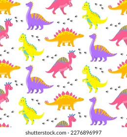 Seamless pattern with colorful cartoon dinosaurs. Vector illustration.