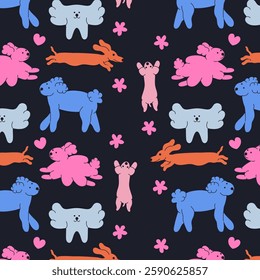 Seamless pattern with colorful cartoon dogs. Cute pets design. Hand drawn vector illustration.