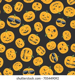 Seamless pattern from colorful cartoon emotion, smiling pumpkins and in sunglasses. Design for packaging, textiles, banners, invitations to a Halloween party. Background. Vector illustration.
