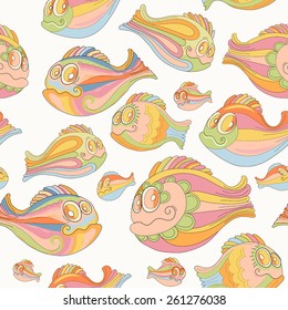 Seamless pattern with colorful cartoon fish