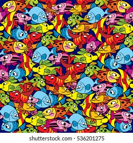 Seamless pattern with colorful cartoon fish