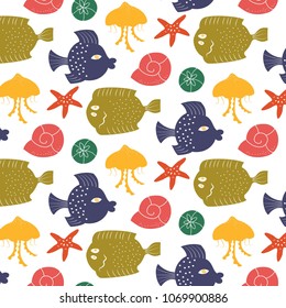 Seamless pattern with colorful cartoon fishs. Vector illustration. 