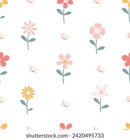 Seamless pattern with colorful cartoon flowers and butterfly. Cute element flower. Spring collection. Vector illustration. Design for wallpaper, wrapping paper, fabric, textile, apparel, clothes