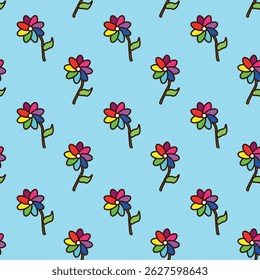 Seamless pattern with colorful cartoon flowers in flat style on light blue background. Ideal for kids' fabric, school supplies, nursery decor, and cheerful spring designs.