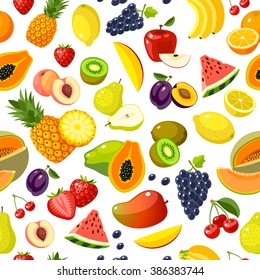 Padrão sem costura com frutas coloridas dos desenhos animados: morango, pera, maçã, laranja, pêssego, ameixa, banana, melancia, abacaxi, mamão, uva, cereja, kiwi, limão, melão, manga. Vector, isolado em branco.