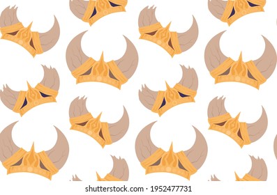 Seamless pattern with colorful cartoon horned viking helmets on white background. Texture with the ammunition of the ancient warriors of the defenders. Military wallpaper.