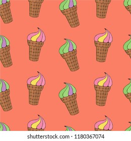 Seamless pattern with colorful cartoon ice cream in a waffle cup