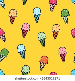 Seamless pattern with colorful cartoon ice cream cones on yellow background. Hand-drawn style digital illustration. Summer food and dessert concept