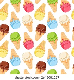 Seamless pattern with colorful cartoon ice cream cone in waffle isolated on a white background. Ideal for summer packaging, kids product, textile and dessert themed background.