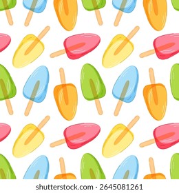 Padrão contínuo com colorido desenho animado gelo pop no fundo branco. Perfeito para o design de verão, embalagem, produto infantil, tecido e decoração de papel de parede.