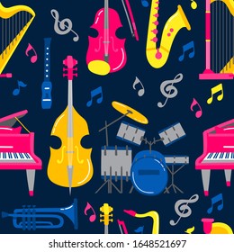 Seamless pattern of colorful cartoon musical instruments in circle shape. Vector illustration concept