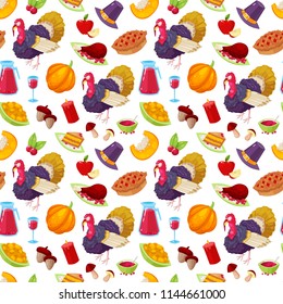 Seamless pattern with colorful cartoon object for thanksgiving day on white background.
