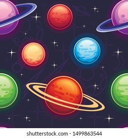 Seamless pattern of colorful cartoon planets on dark background flat vector illustration