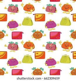 Seamless Pattern, Colorful Cartoon Purses and Wallets Isolated on Tile White Background. Vector